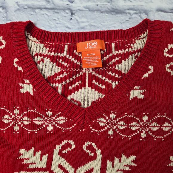 Joe Fresh Holiday Sweater Snowflake Fair Isle Red V-neck Christmas size Medium - Picture 4 of 9